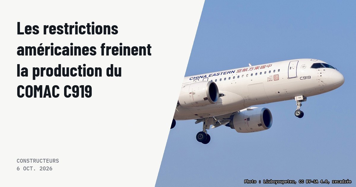 Les restrictions américaines freinent la production du COMAC C919. Photo d'illustration (archive, pas l'appareil concerné) : ​中国东方航空公司C919飞机 注册号：B-919A