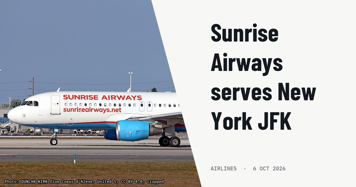 Sunrise Airways replaces Newark service with New York JFK flights. Illustration photo (archive, not the aircraft involved) : N628VA A320, Sunrise Airways (leased from GlobalX), Miami 02-19-26