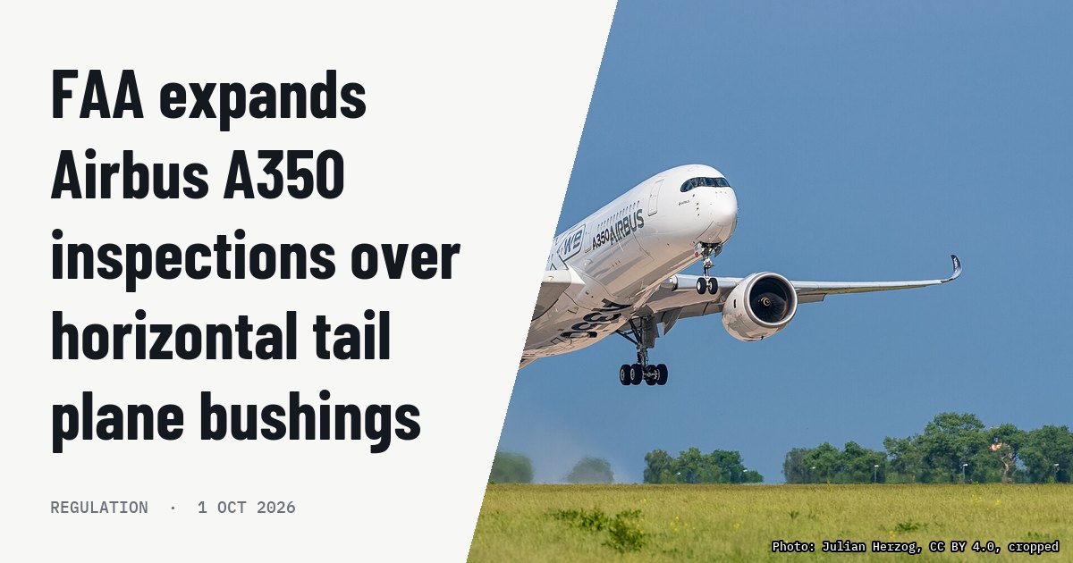 FAA expands Airbus A350 inspections over horizontal tail plane bushings. Illustration photo (archive, not the aircraft involved) : Airbus A350-941 (reg. F-WWCF, MSN 002) in Airbus promotional CFRP livery at ILA Berlin Air Show 2016. Takeoff from runway 25L on Berlin Brandenburg Airport (BER).
