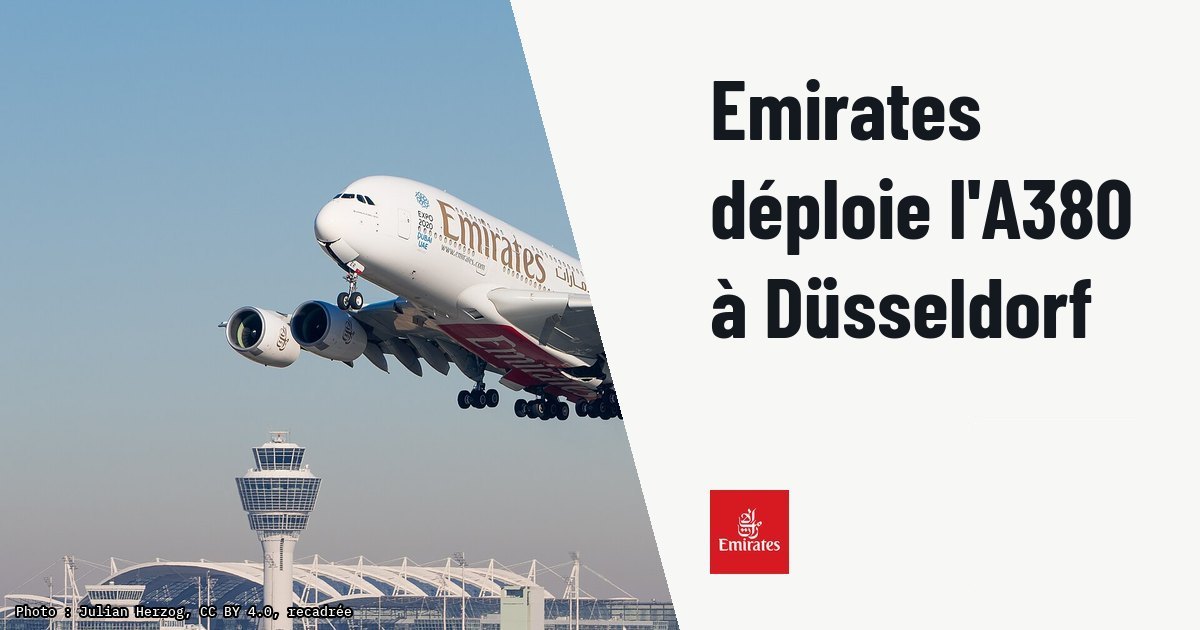 Emirates remplace le Boeing 777 par l'Airbus A380 vers Düsseldorf. Photo d'illustration (archive, pas l'appareil concerné) : Emirates Airbus A380-861 (reg. A6-EER, msn 139) at Munich Airport (IATA: MUC; ICAO: EDDM) departing 26L. See also : File:Emirates Airbus A380-861 A6-EER MUC 2015 02.jpg File:Emirates Airbus A380-861 A