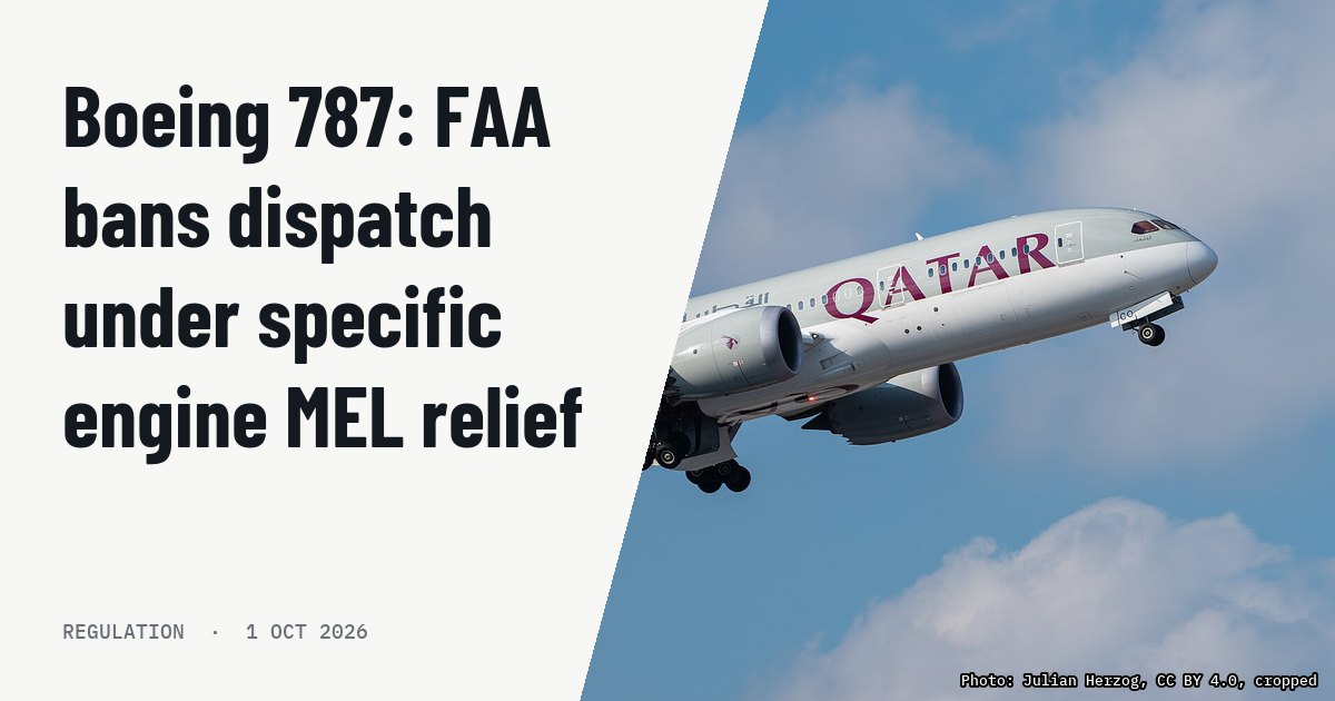 Boeing 787: FAA bans dispatch under specific engine MEL relief. Illustration photo (archive, not the aircraft involved) : Qatar Airways Boeing 787-8 Dreamliner (reg. A7-BCO, msn 38333/188) at Munich Airport (IATA: MUC; ICAO: EDDM) departing 08R.
