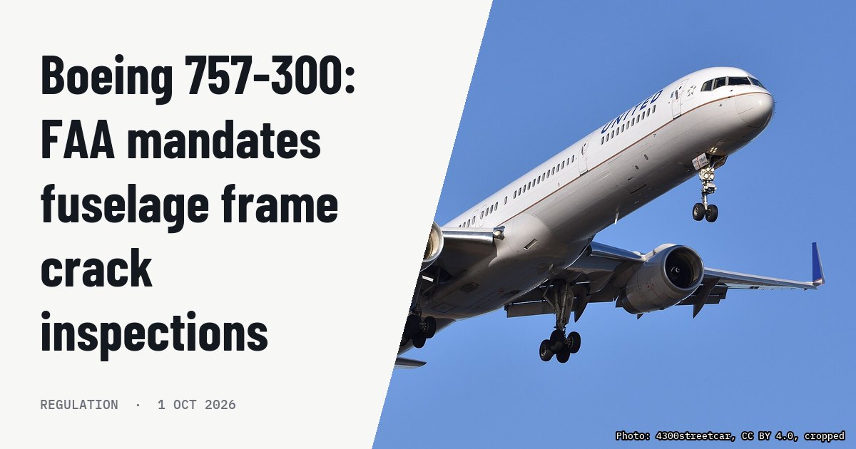 Boeing 757-300: FAA mandates fuselage frame crack inspections. Illustration photo (archive, not the aircraft involved) : United Airlines Boeing 757-300 N77867 on final approach to Runway 22L at Boston Logan Airport