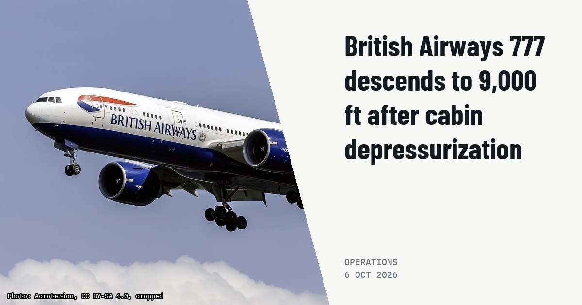 British Airways 777 descends to 9,000 ft after cabin depressurization. Illustration photo (archive, not the aircraft involved) : 1997 British Airways Boeing 777-236ER G-VIIH on final approach at Washington Dulles International Airport, Virginia, USA