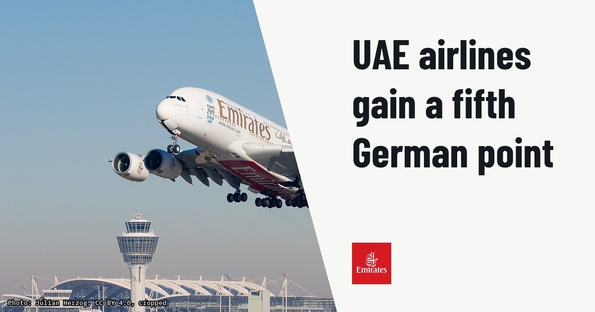Germany and UAE revise air treaty to allow fifth destination. Illustration photo (archive, not the aircraft involved) : Emirates Airbus A380-861 (reg. A6-EER, msn 139) at Munich Airport (IATA: MUC; ICAO: EDDM) departing 26L. See also : File:Emirates Airbus A380-861 A6-EER MUC 2015 02.jpg File:Emirates Airbus A380-861 A