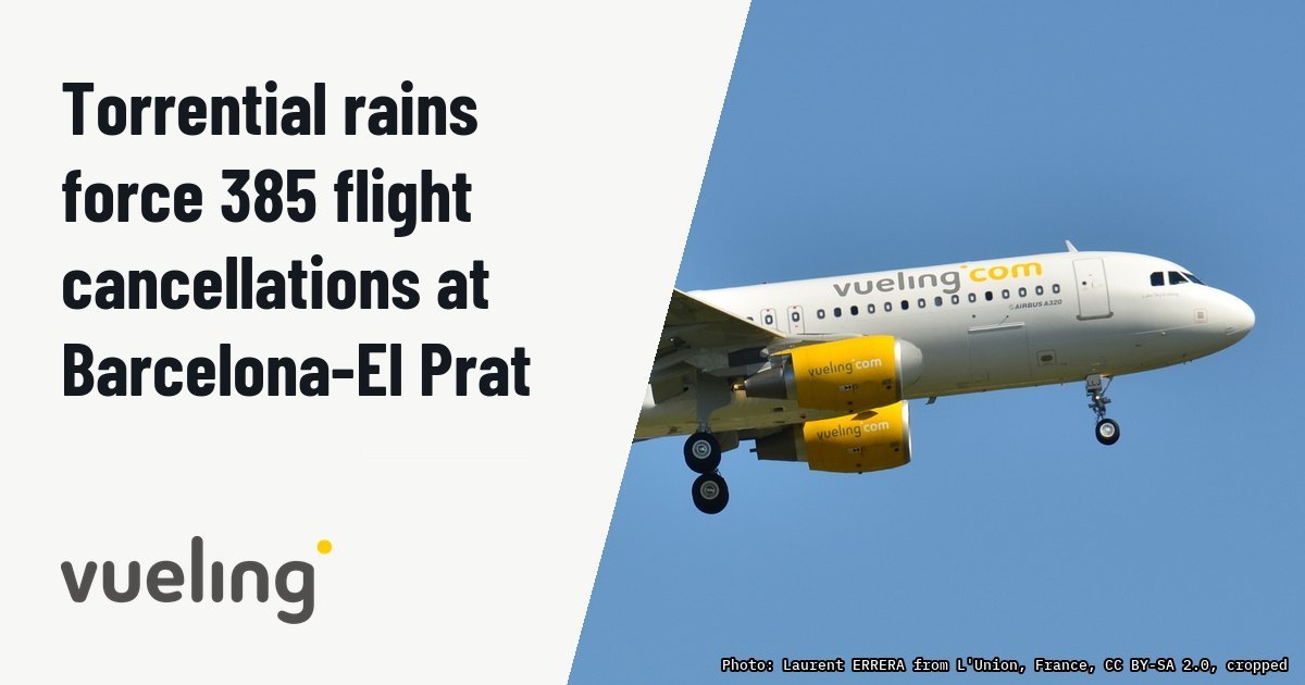 Torrential rains force 385 flight cancellations at Barcelona-El Prat. Illustration photo (archive, not the aircraft involved) : Photo prise à l'aéroport de Toulouse-Blagnac (LFBO) en France. Picture take at Toulouse-Blagnac Airport (LFBO) in France.