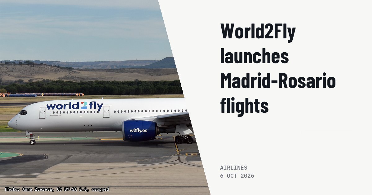 World2Fly launches Madrid-Rosario flights with high-density A350-900. Illustration photo (archive, not the aircraft involved) : World2Fly, EC-NOI, Airbus A350-941