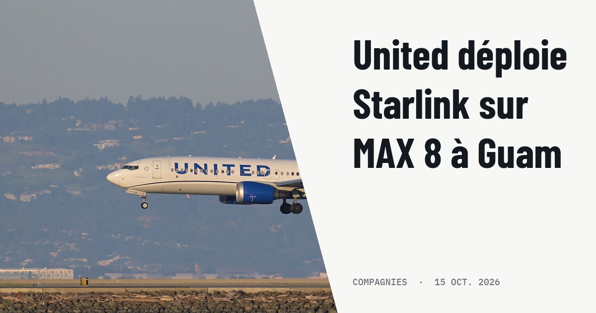 United achève la transition 737 MAX 8 à Guam et déploie Starlink. Photo d'illustration (archive, pas l'appareil concerné) : United Airlines Boeing 737-8 MAX N47293, operating flight 794 from Bozeman, Montana, lands on runway 28R at San Francisco International Airport.
