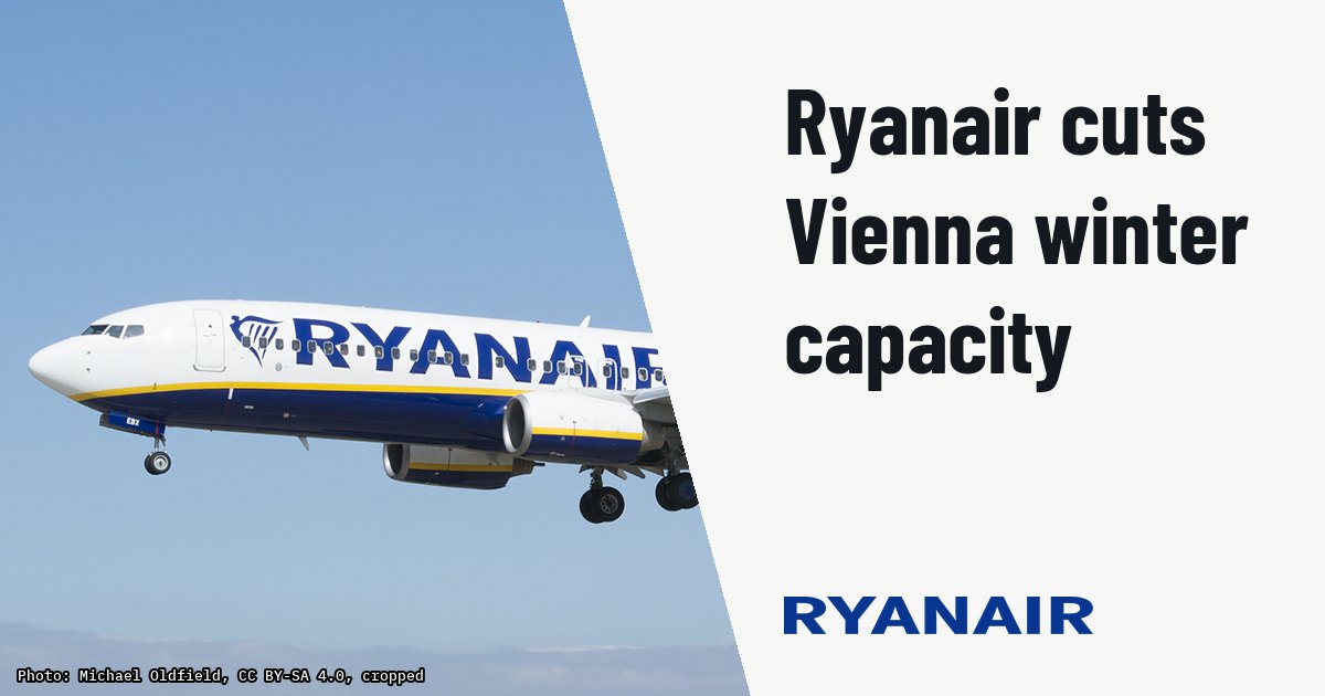 Ryanair cuts four jets and twelve routes from Vienna this winter. Illustration photo (archive, not the aircraft involved) : Ryanair Boeing 737-8AS EI-EBX at Leeds Bradford Airport.