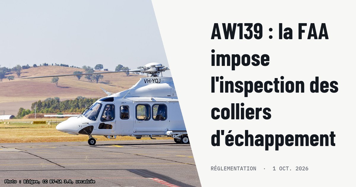 AW139 : la FAA impose l'inspection des colliers d'échappement. Photo d'illustration (archive, pas l'appareil concerné) : Toll Helicopters (VH-YQJ) Leonardo AW139 at Wagga Wagga Airport, on delivery to the Oakey Army Aviation Centre to be used by the Australian Army 5th Aviation Regiment.